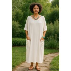 TYSA Designs Women’s Back Pleat 3/4 Sleeves Boat Neckline Caftan Size L White